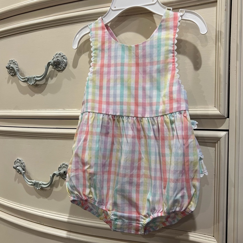 Starting Out Sleeveless Plaid Ruffle Back Romper